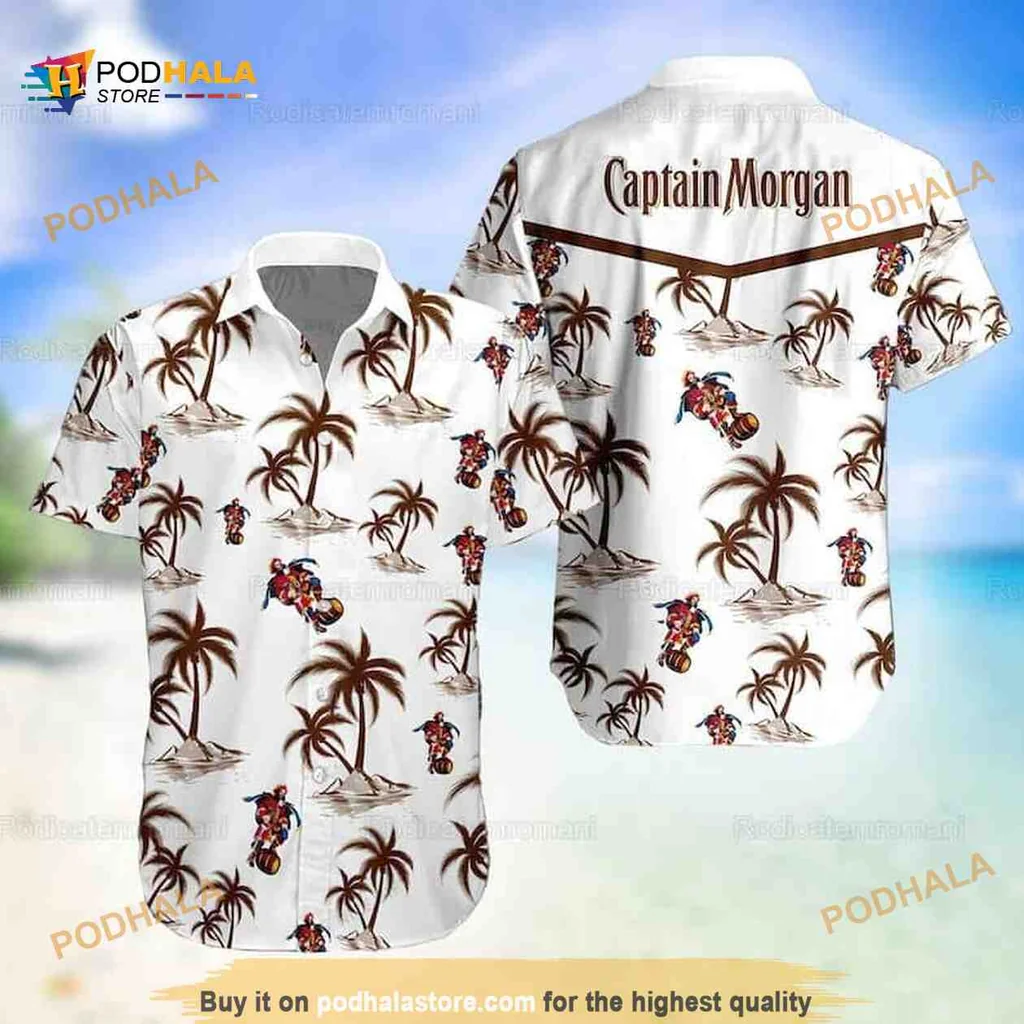 Captain Morgan Tropical Hawaiian Shirt With Pirate Design And Palm Trees
