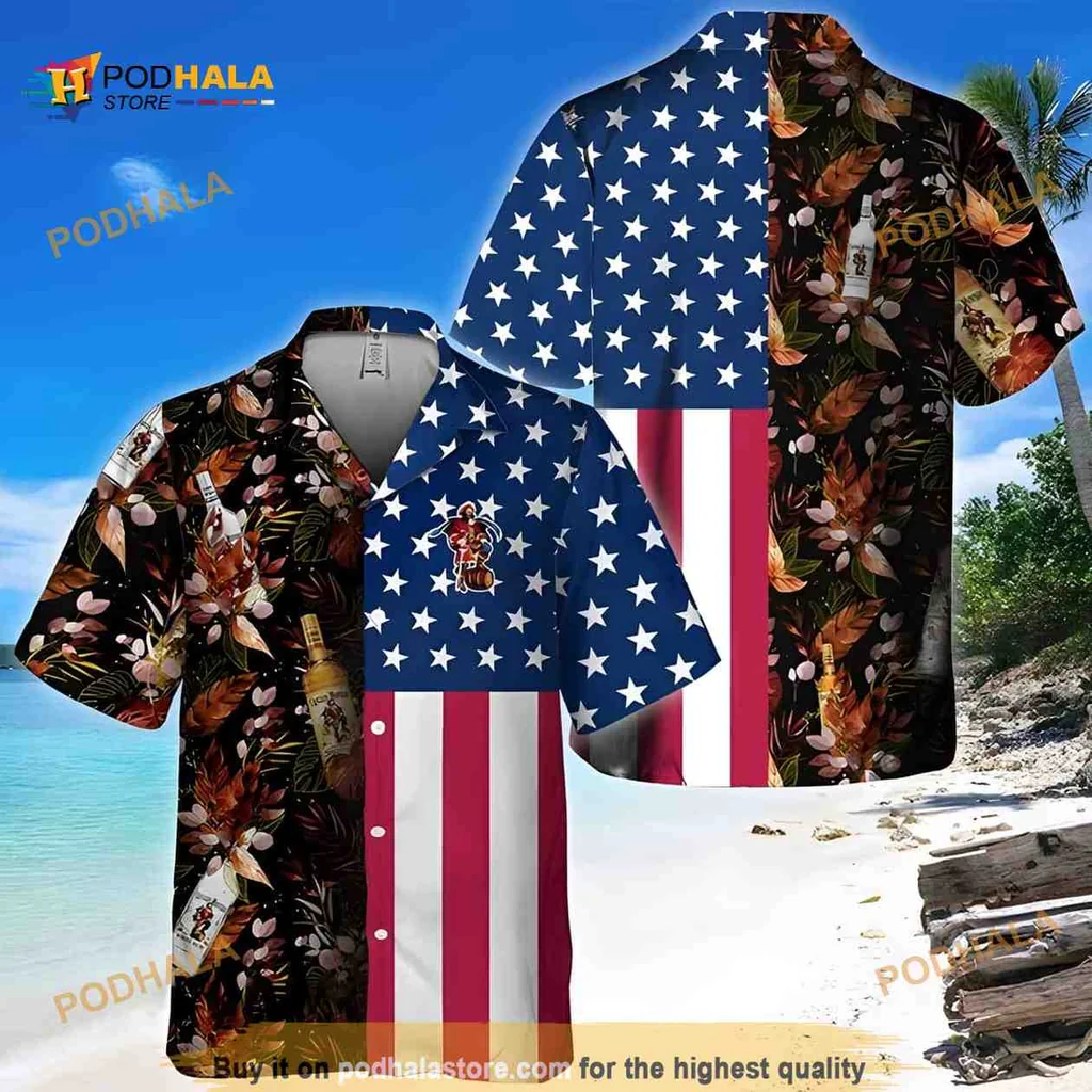Captain Morgan Tropical Hawaiian Shirt With Us Flag And Floral Design
