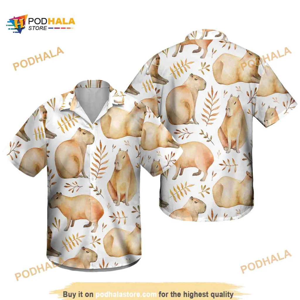 Capybara Hawaiian Shirt With Whimsical Leaf Patterns