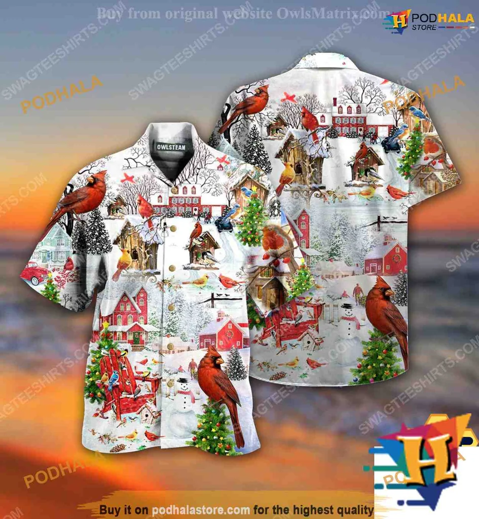 Cardinal Bird Christmas Hawaiian Shirt With Festive Winter Scenes