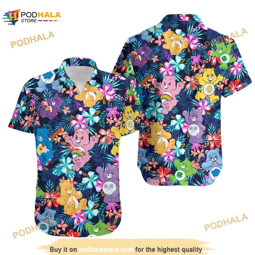 Care Bears Tropical Hawaiian Shirt With Colorful Hibiscus Flowers