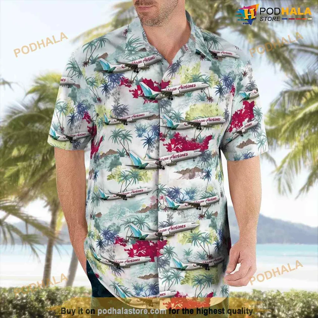 Caribbean Airlines Tropical Hawaiian Shirt With Palm Trees And Airplanes