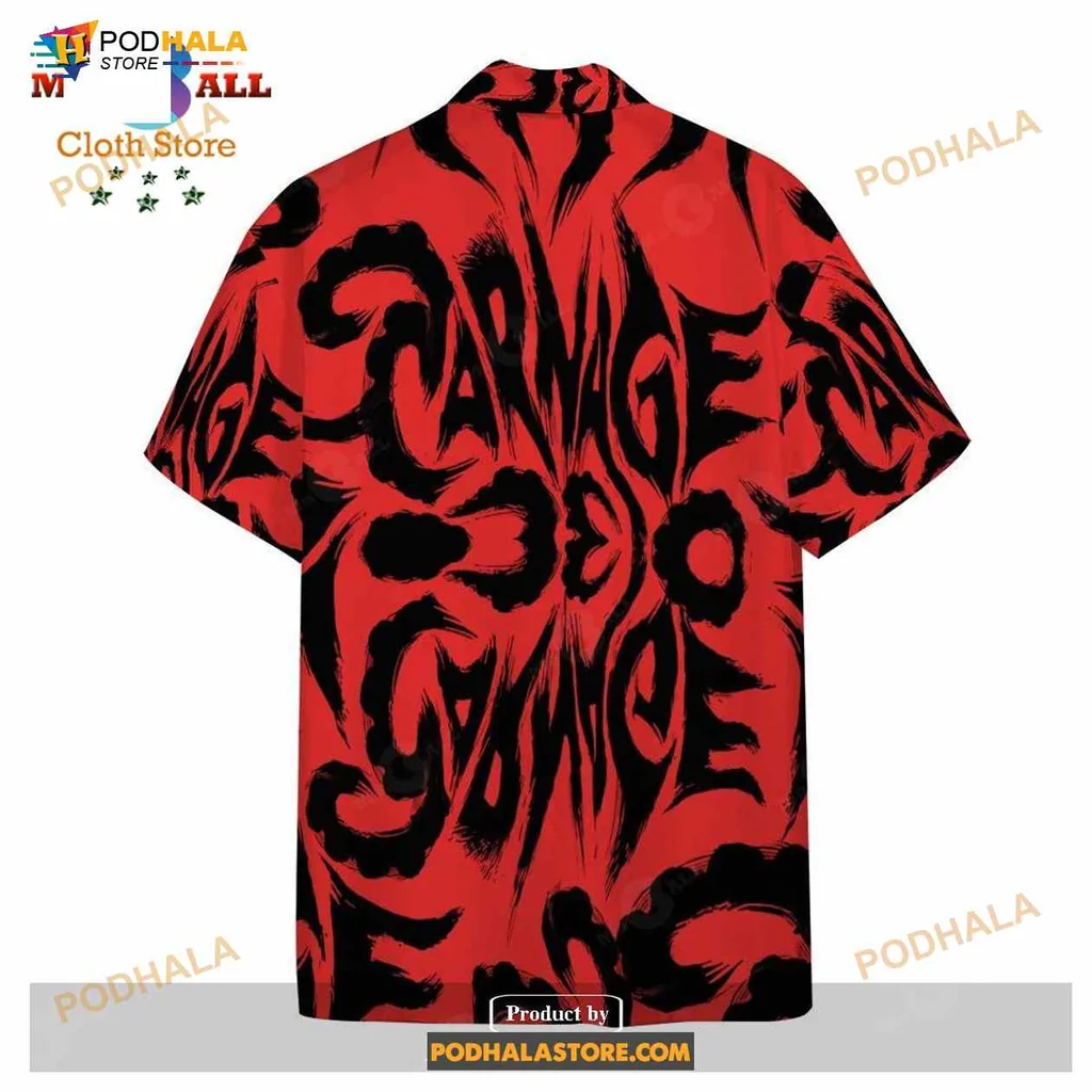 Carnage Symbiote Aloha Shirt With Bold Red And Black Design Carnage Symbiote Aloha Shirt With Bold Red And Black Design