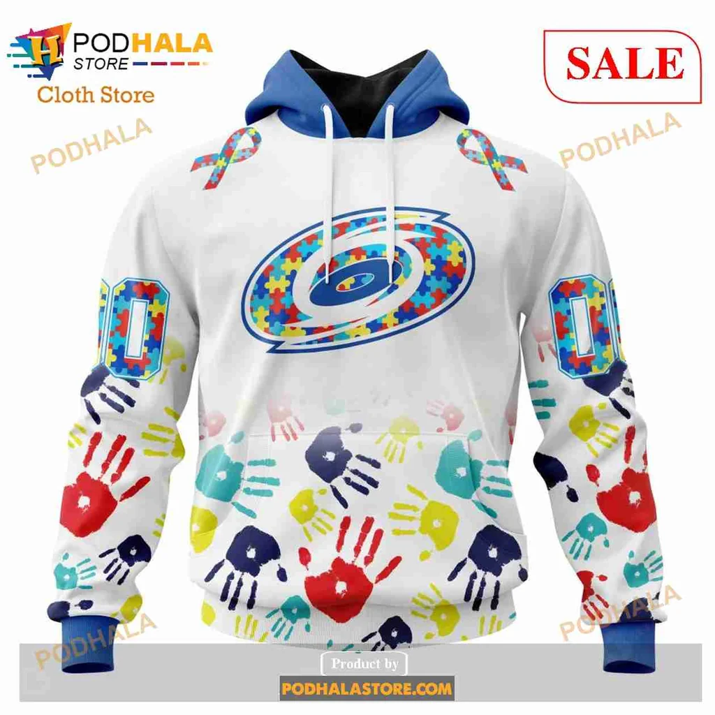 Carolina Hurricanes Autism Awareness Hoodie Featuring Colorful Handprints