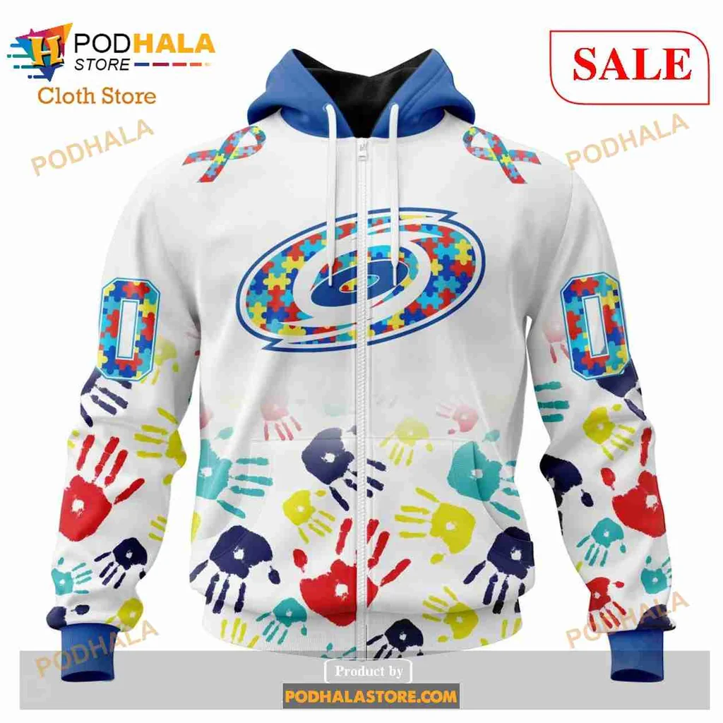 Carolina Hurricanes Autism Awareness Hoodie Featuring Colorful Handprints - View 1 Carolina Hurricanes Autism Awareness Hoodie Featuring Colorful Handprints - View 1