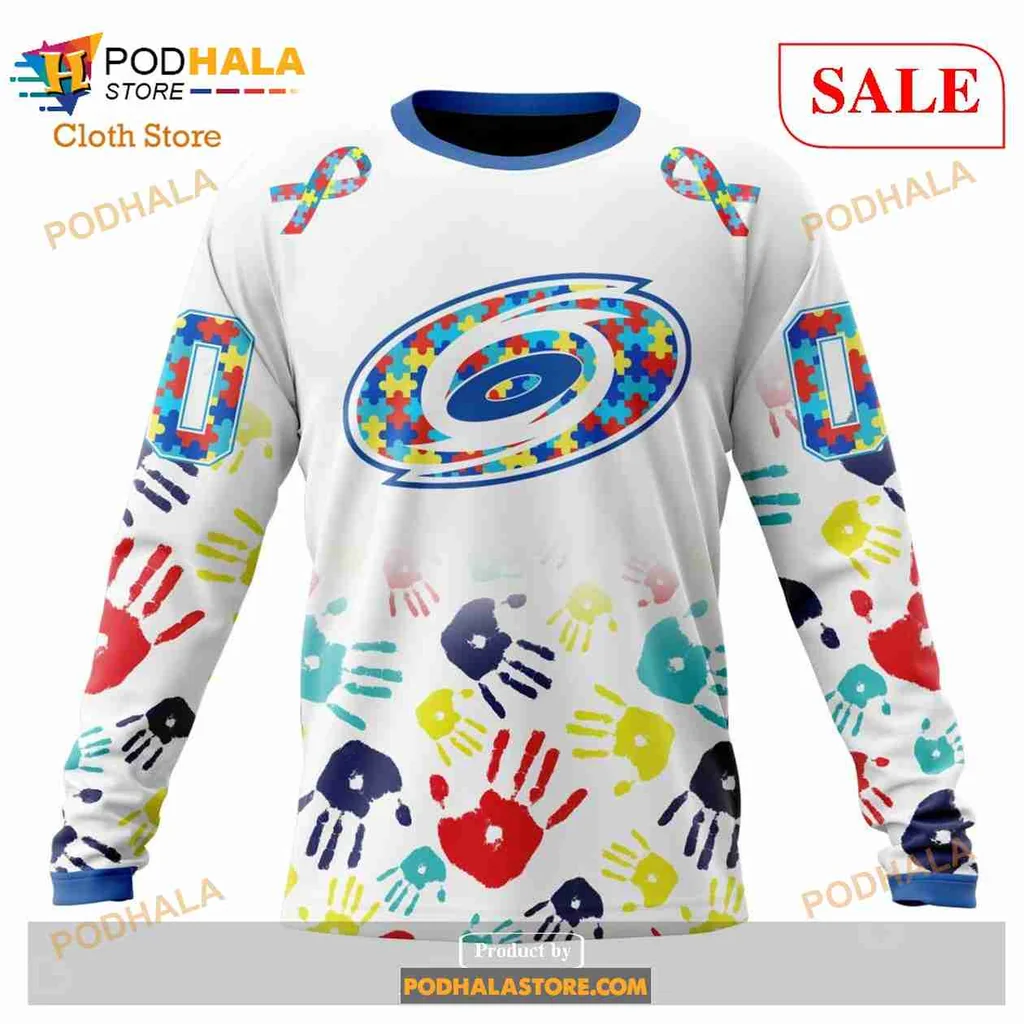 Carolina Hurricanes Autism Awareness Hoodie Featuring Colorful Handprints - View 3 Carolina Hurricanes Autism Awareness Hoodie Featuring Colorful Handprints - View 3
