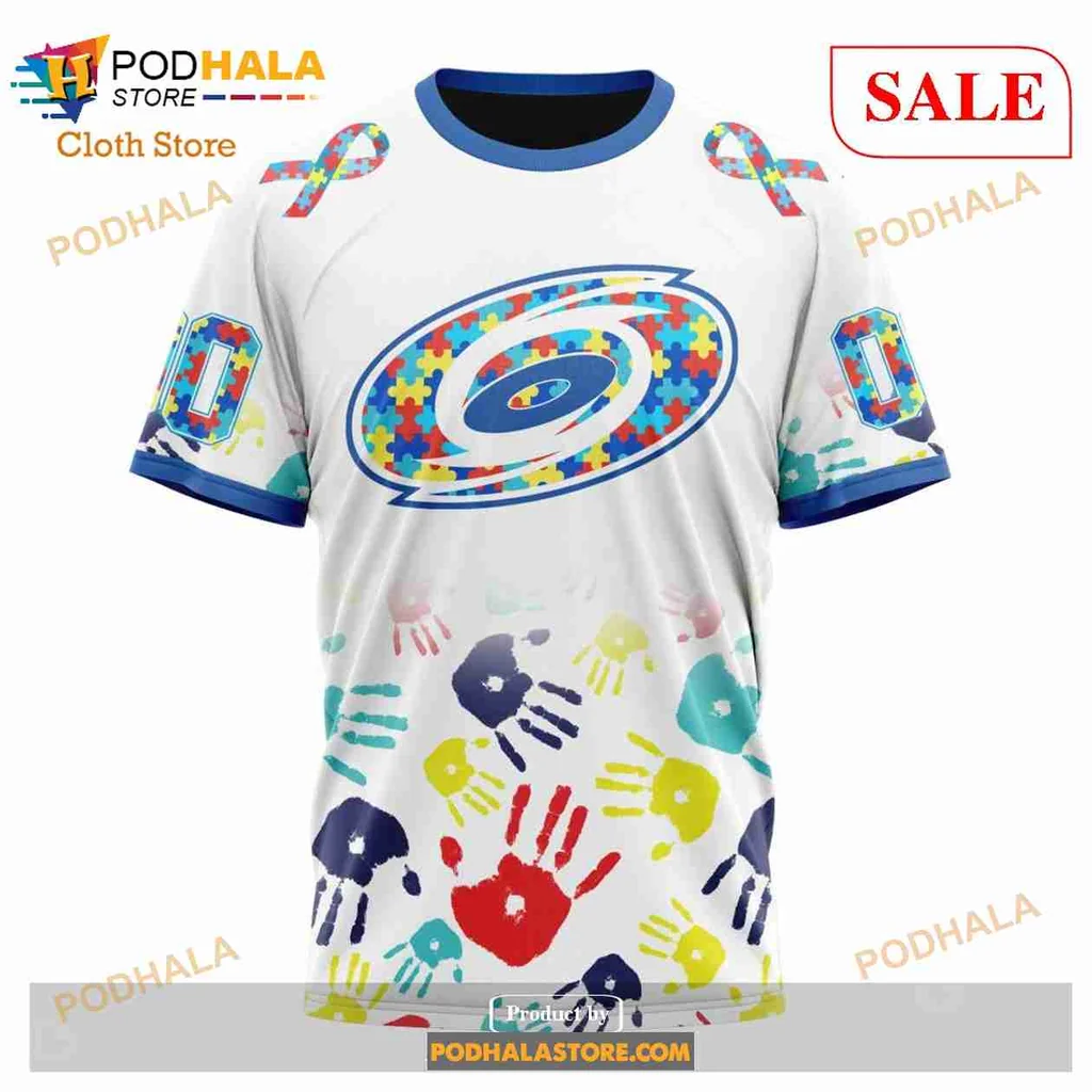 Carolina Hurricanes Autism Awareness Hoodie Featuring Colorful Handprints - Product View 6 Carolina Hurricanes Autism Awareness Hoodie Featuring Colorful Handprints - Product View 6