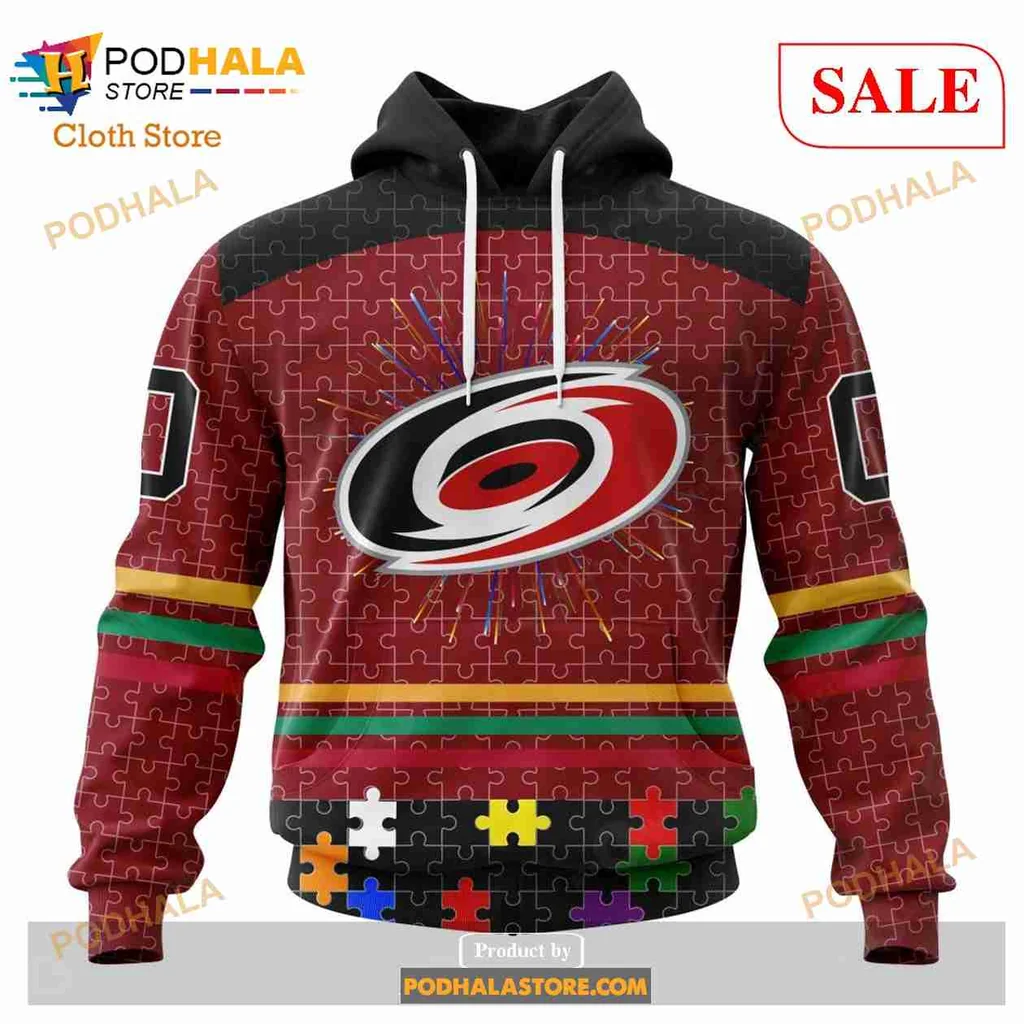 Carolina Hurricanes Autism Awareness Hoodie Featuring Colorful Puzzle Pieces