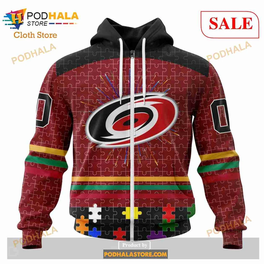 Carolina Hurricanes Autism Awareness Hoodie Featuring Colorful Puzzle Pieces - View 1 Carolina Hurricanes Autism Awareness Hoodie Featuring Colorful Puzzle Pieces - View 1