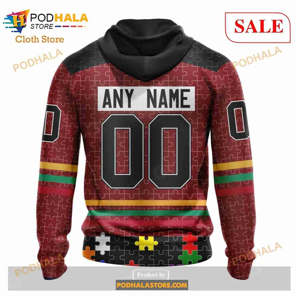 Carolina Hurricanes Autism Awareness Hoodie Featuring Colorful Puzzle Pieces - View 2 Carolina Hurricanes Autism Awareness Hoodie Featuring Colorful Puzzle Pieces - View 2