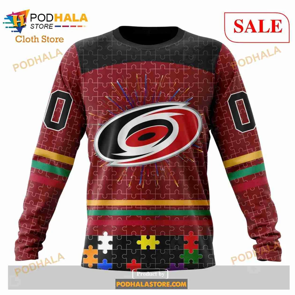 Carolina Hurricanes Autism Awareness Hoodie Featuring Colorful Puzzle Pieces - View 3 Carolina Hurricanes Autism Awareness Hoodie Featuring Colorful Puzzle Pieces - View 3