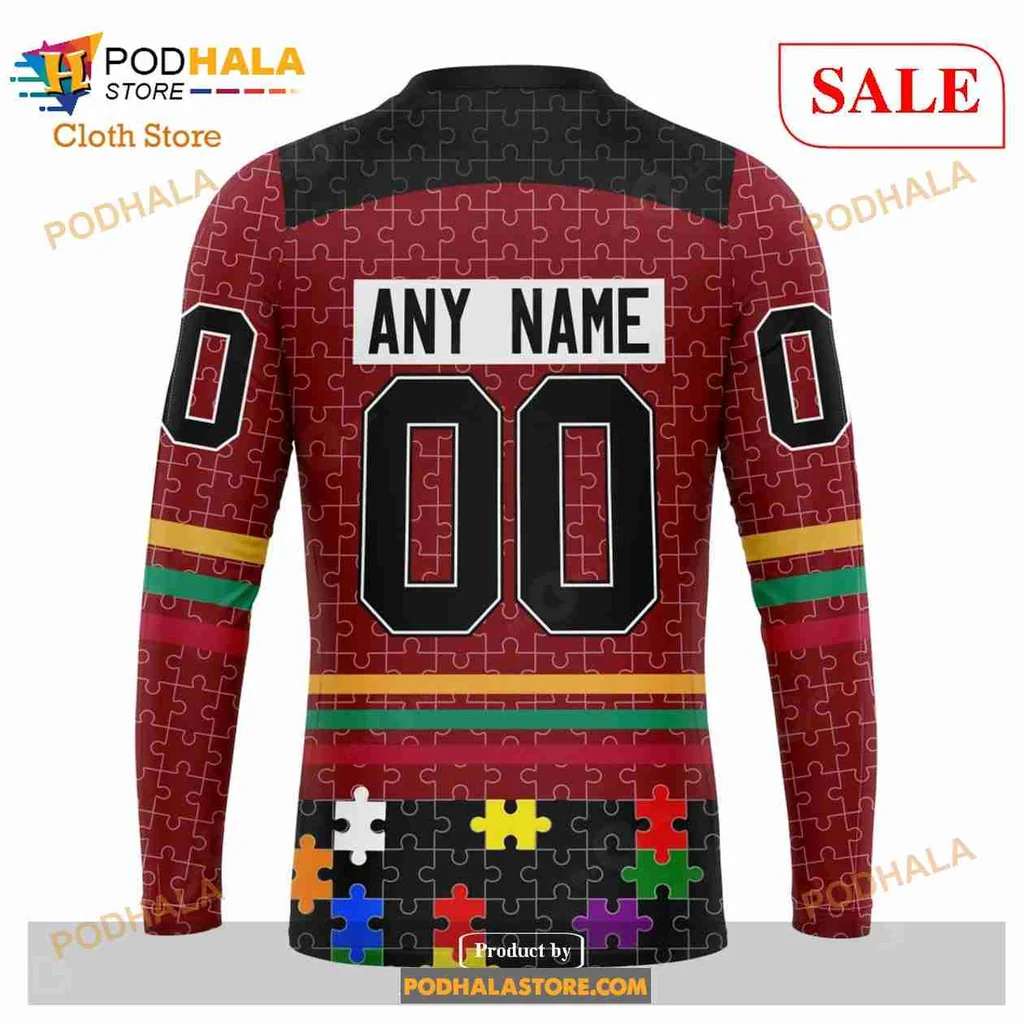 Carolina Hurricanes Autism Awareness Hoodie Featuring Colorful Puzzle Pieces - Product View 5 Carolina Hurricanes Autism Awareness Hoodie Featuring Colorful Puzzle Pieces - Product View 5