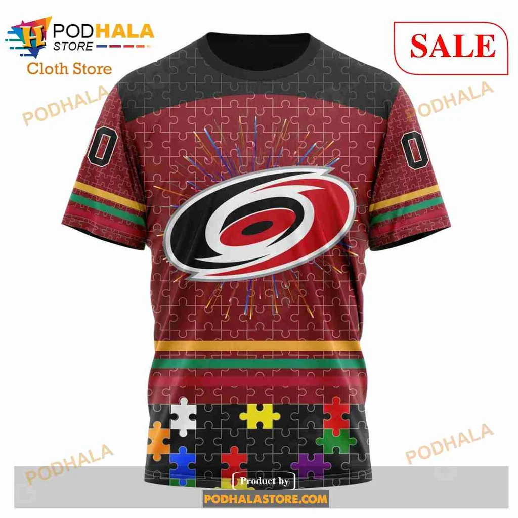 Carolina Hurricanes Autism Awareness Hoodie Featuring Colorful Puzzle Pieces - Product View 6 Carolina Hurricanes Autism Awareness Hoodie Featuring Colorful Puzzle Pieces - Product View 6