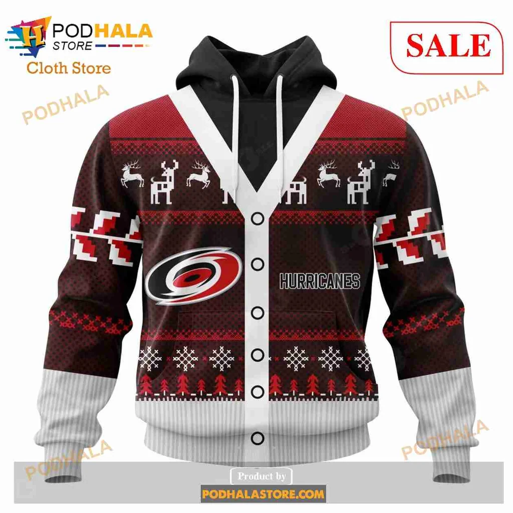 Carolina Hurricanes Christmas Hoodie, Festive 3d Design With Reindeer And Snowflakes