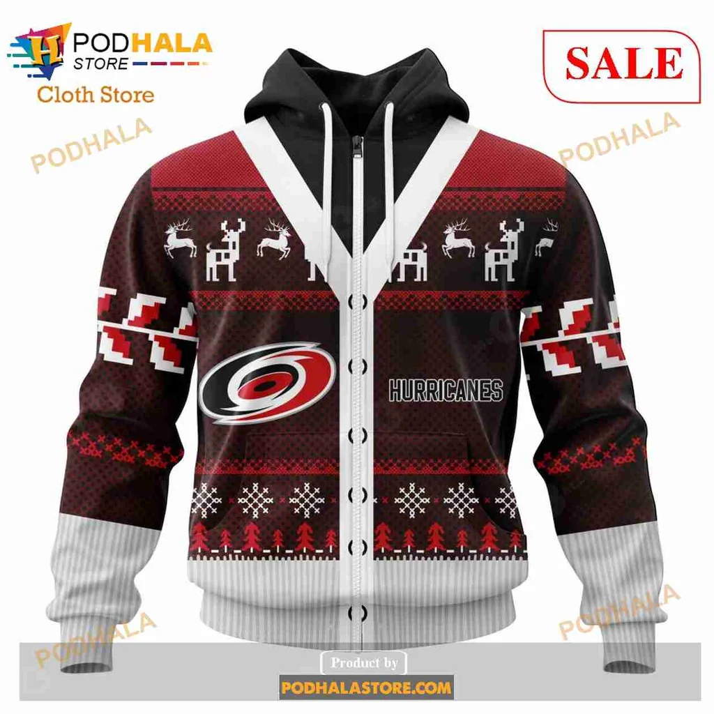 Carolina Hurricanes Christmas Hoodie, Festive 3d Design With Reindeer And Snowflakes - View 1 Carolina Hurricanes Christmas Hoodie, Festive 3d Design With Reindeer And Snowflakes - View 1