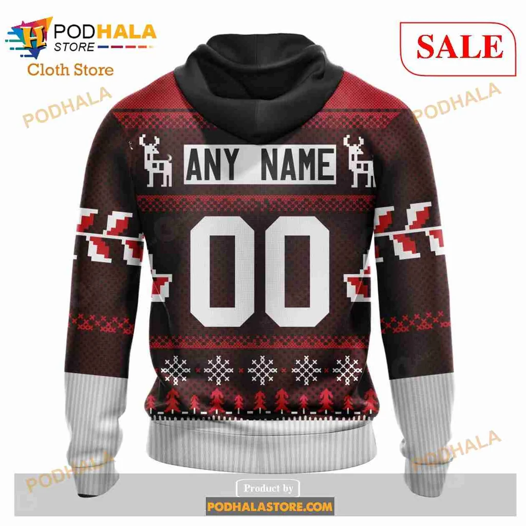 Carolina Hurricanes Christmas Hoodie, Festive 3d Design With Reindeer And Snowflakes - View 2 Carolina Hurricanes Christmas Hoodie, Festive 3d Design With Reindeer And Snowflakes - View 2