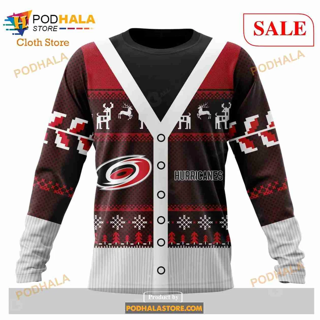 Carolina Hurricanes Christmas Hoodie, Festive 3d Design With Reindeer And Snowflakes - View 3 Carolina Hurricanes Christmas Hoodie, Festive 3d Design With Reindeer And Snowflakes - View 3