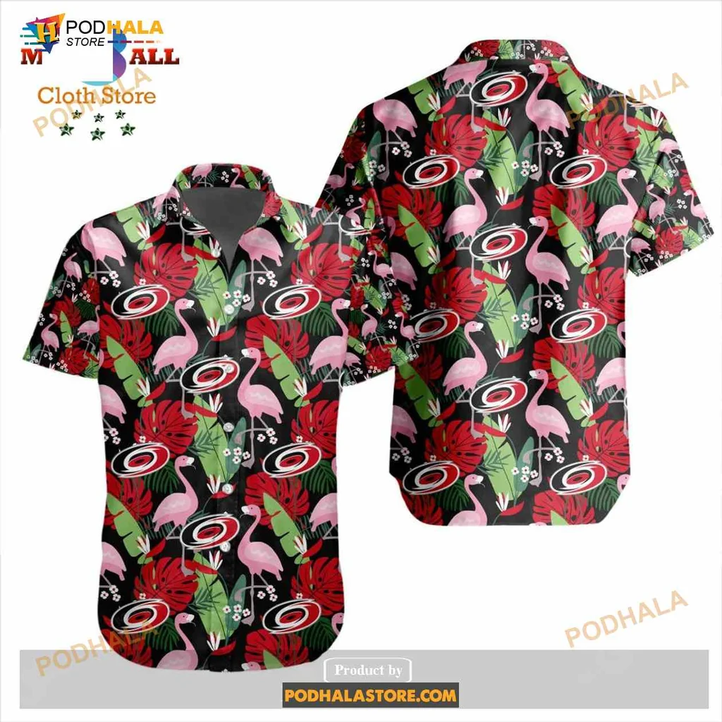 Carolina Hurricanes Flamingo Hawaiian Shirt, Tropical Design With Green Leaves