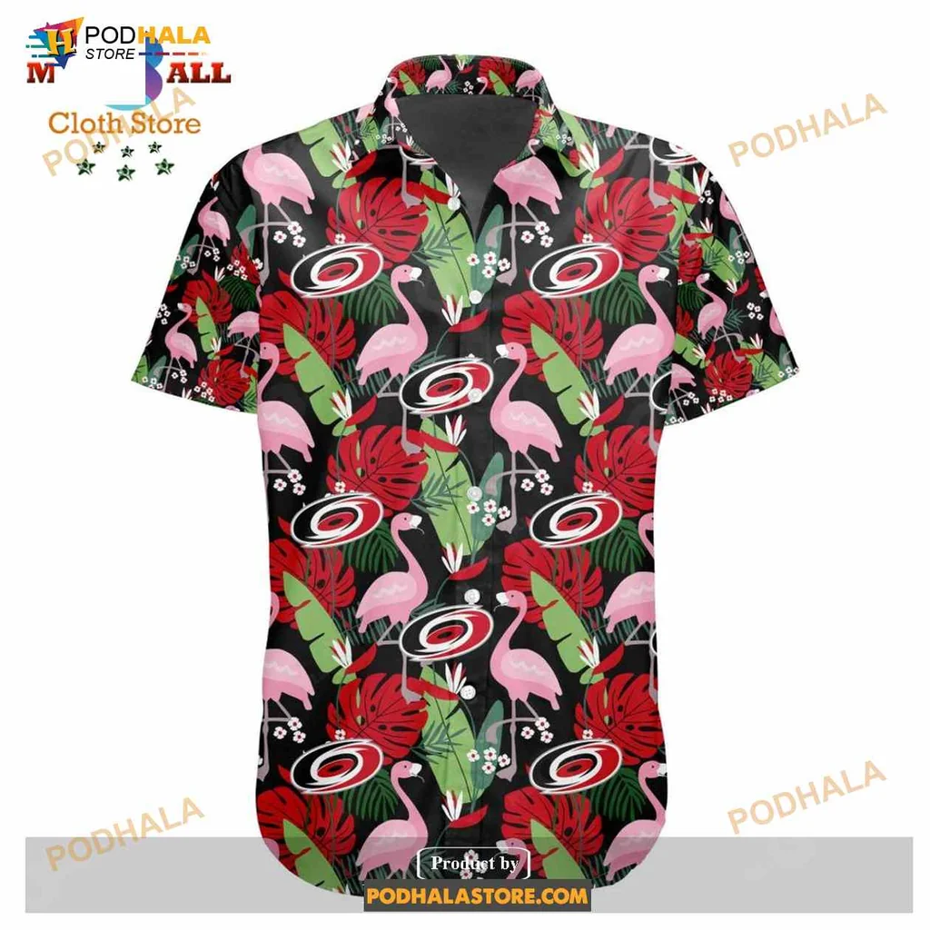 Carolina Hurricanes Flamingo Aloha Shirt, Tropical Design With Green Leaves Carolina Hurricanes Flamingo Aloha Shirt, Tropical Design With Green Leaves
