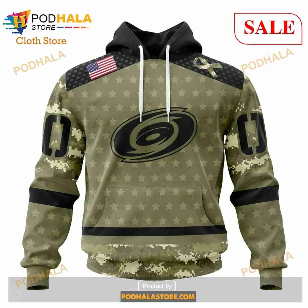 Carolina Hurricanes Military Appreciation Hoodie, Camo Design With American Flag