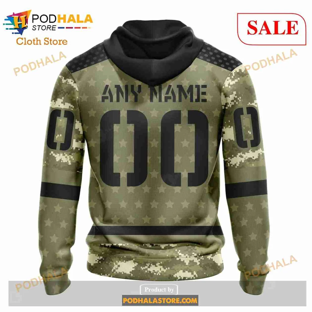 Carolina Hurricanes Military Appreciation Hoodie, Camo Design With American Flag - View 2 Carolina Hurricanes Military Appreciation Hoodie, Camo Design With American Flag - View 2