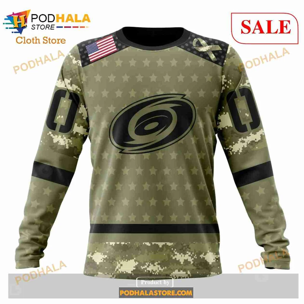 Carolina Hurricanes Military Appreciation Hoodie, Camo Design With American Flag - View 3 Carolina Hurricanes Military Appreciation Hoodie, Camo Design With American Flag - View 3