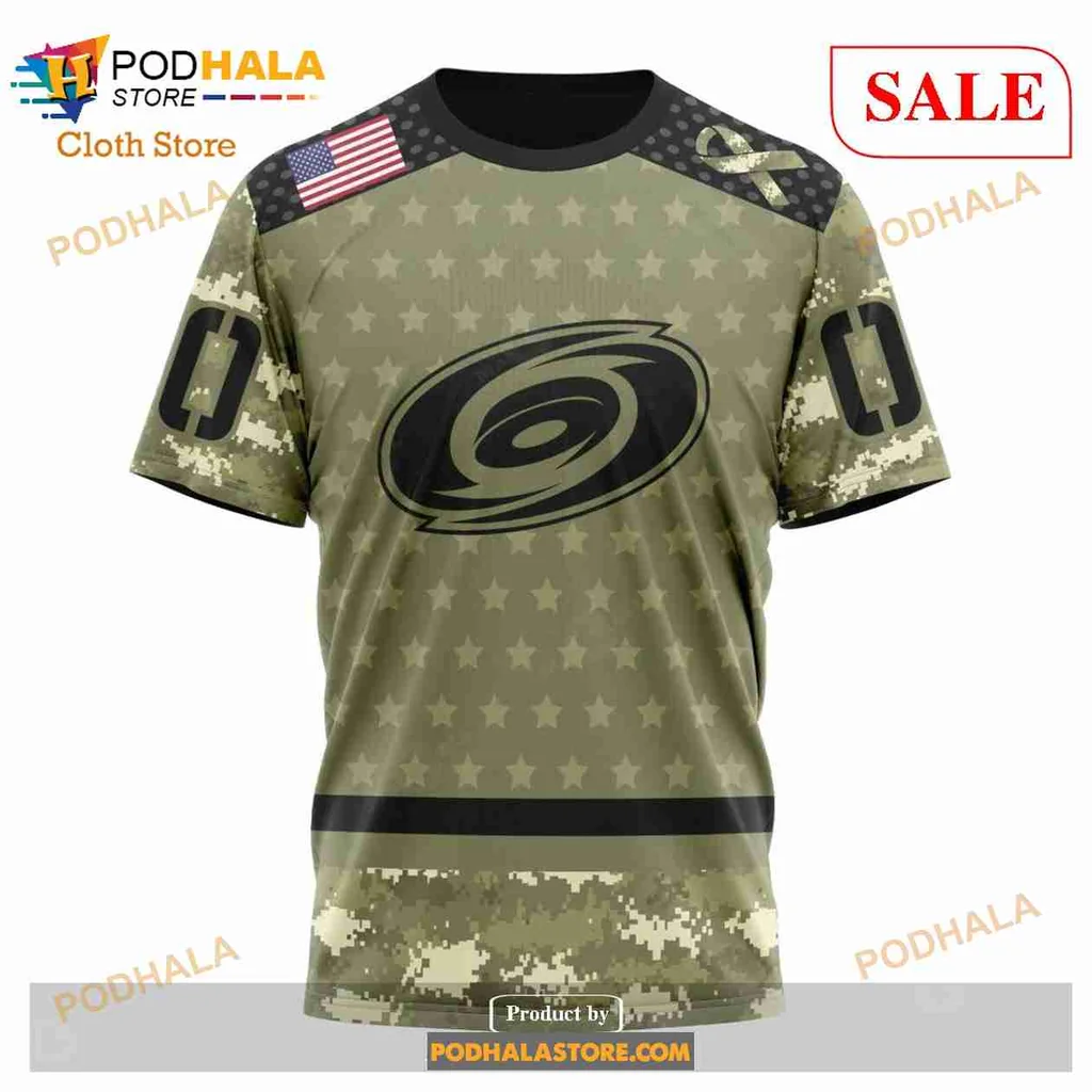 Carolina Hurricanes Military Appreciation Hoodie, Camo Design With American Flag - Product View 6 Carolina Hurricanes Military Appreciation Hoodie, Camo Design With American Flag - Product View 6