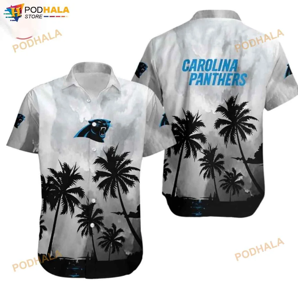 Carolina Panthers Hawaiian Shirt With Coconut Trees And Bold Logo