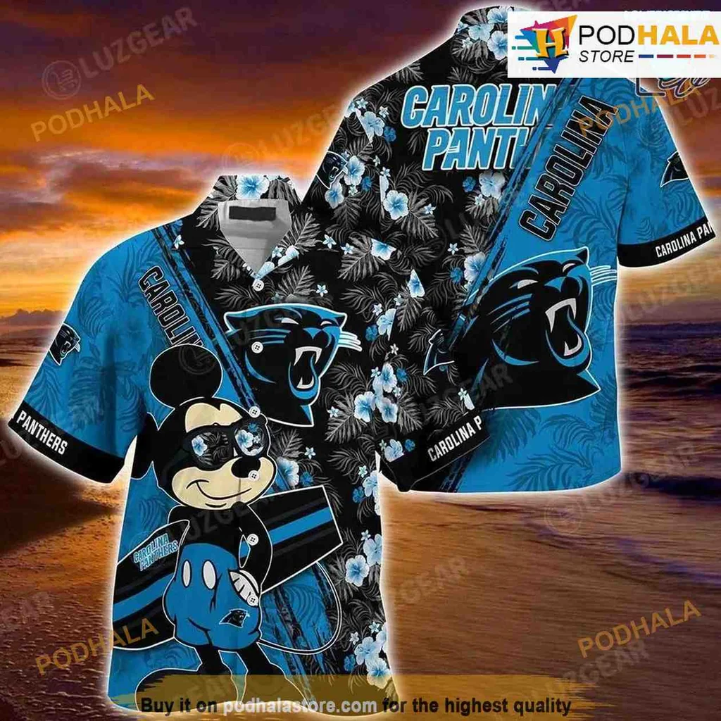 Carolina Panthers Mickey Mouse Hawaiian Shirt With Floral Pattern