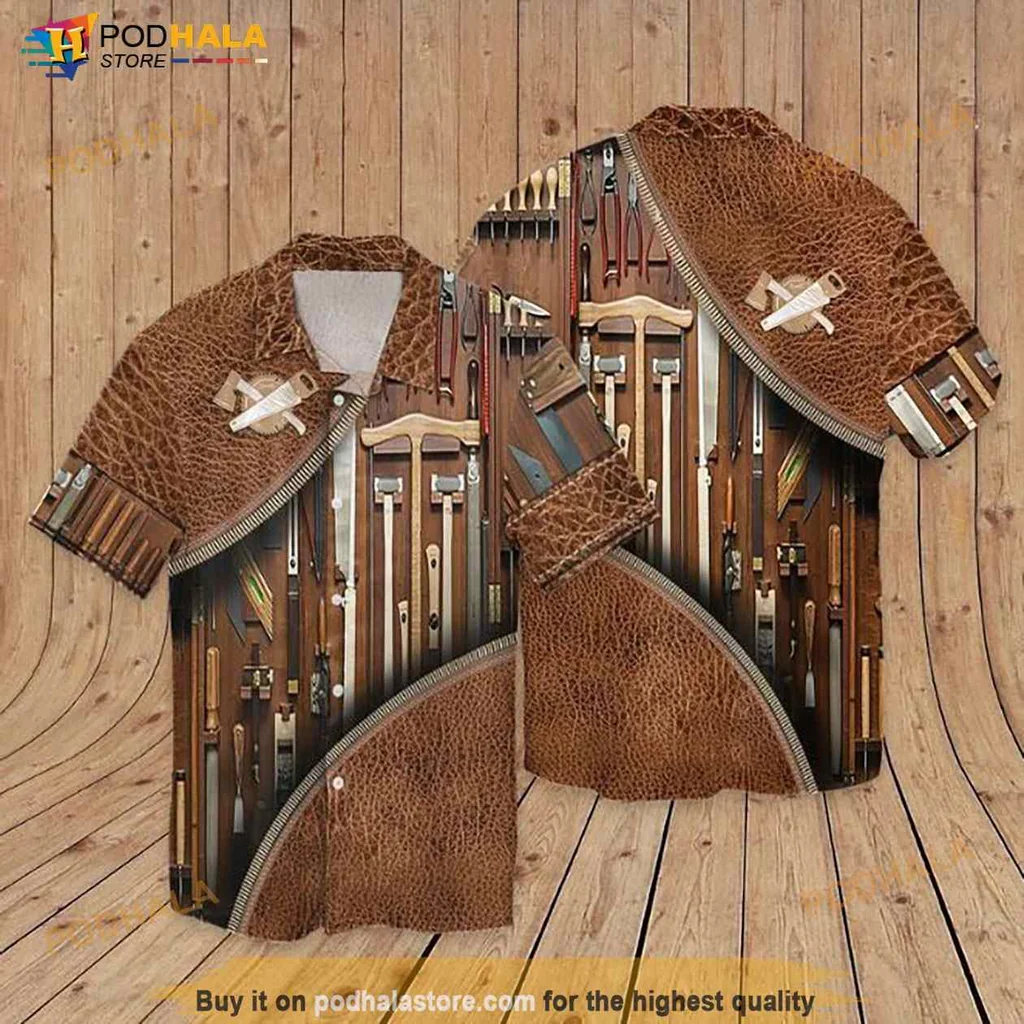 Carpenter Tools Hawaiian Shirt With Rustic Leather Background