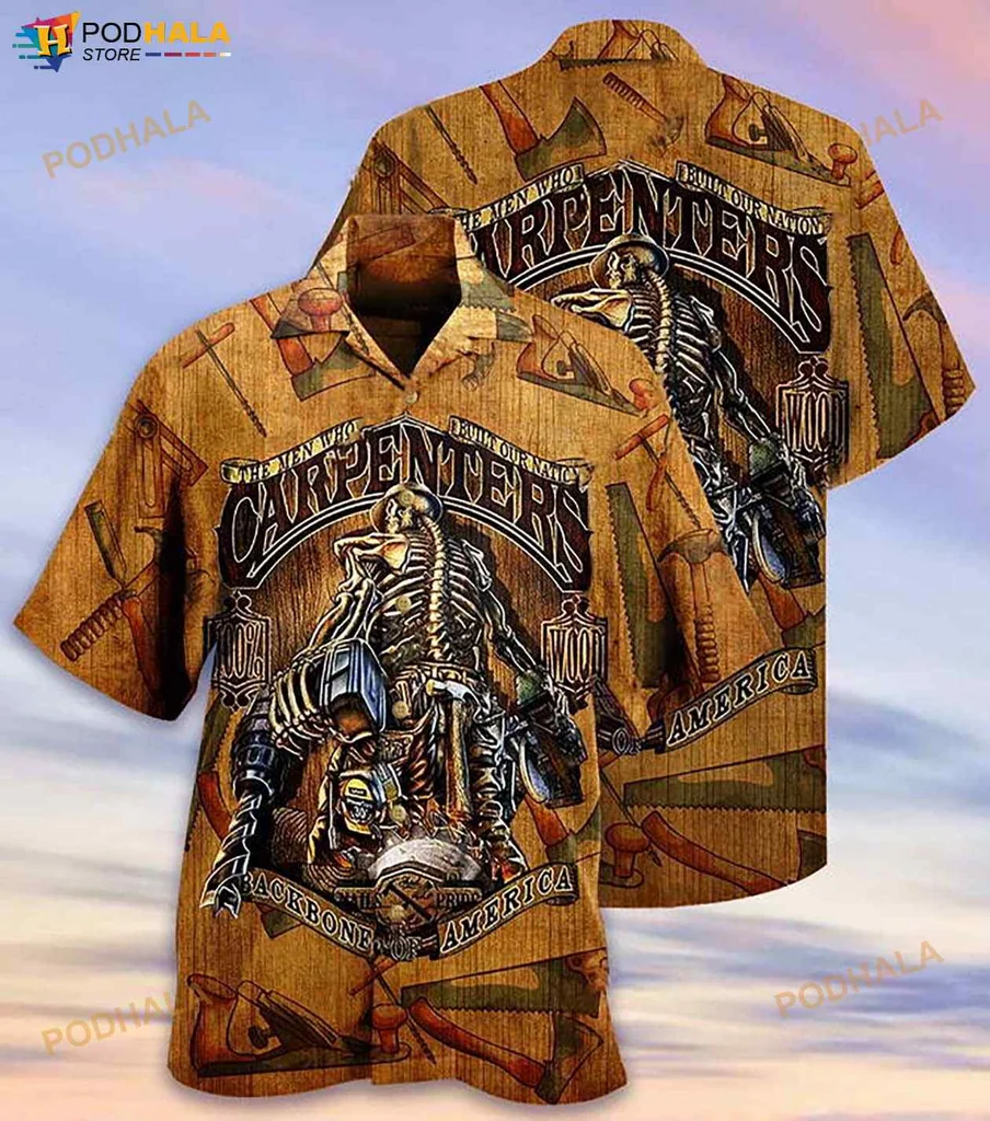 Carpenter Vintage Hawaiian Shirt Featuring Skeleton And Tools