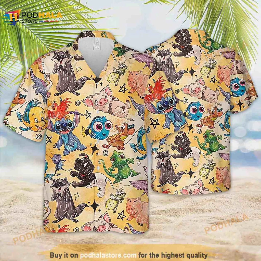 Cartoon Animal Tropical Hawaiian Shirt With Whimsical Characters And Stars