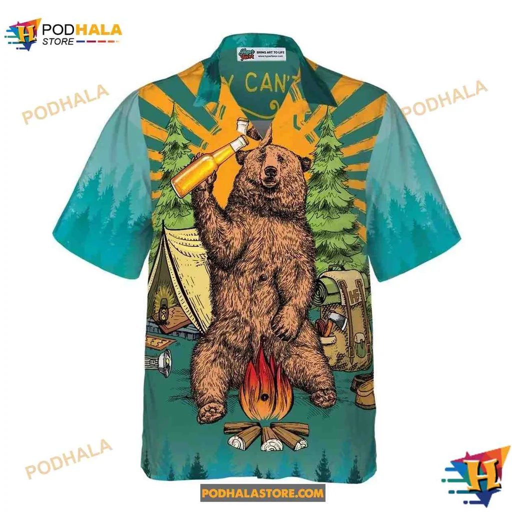 Cartoon Bear Drinking Beer Hawaiian Shirt With Campfire And Trees