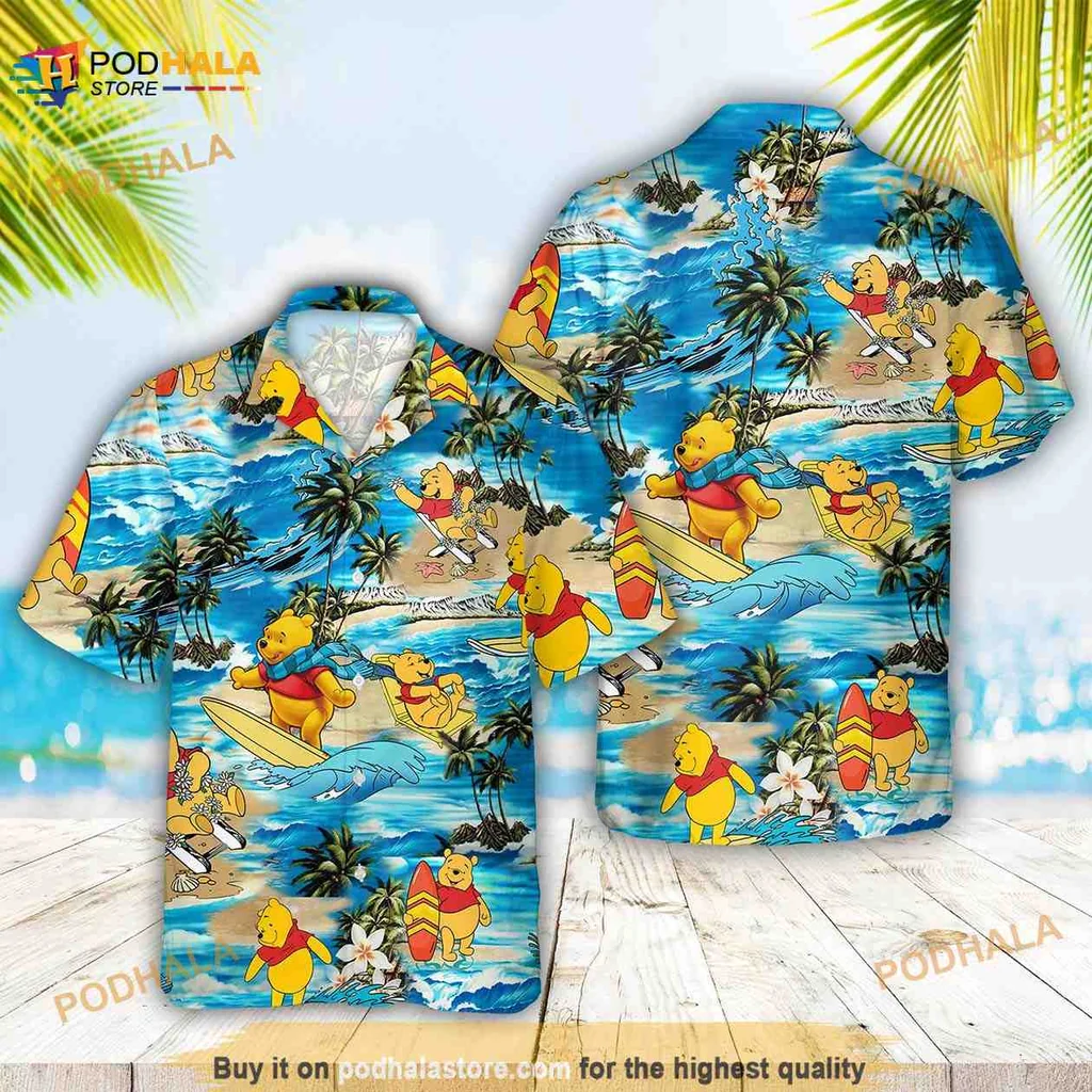 Cartoon Bear Surfing Hawaiian Shirt With Tropical Beach Design