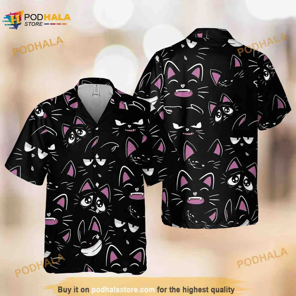 Cartoon Black Cat Hawaiian Shirt With Playful Expressions