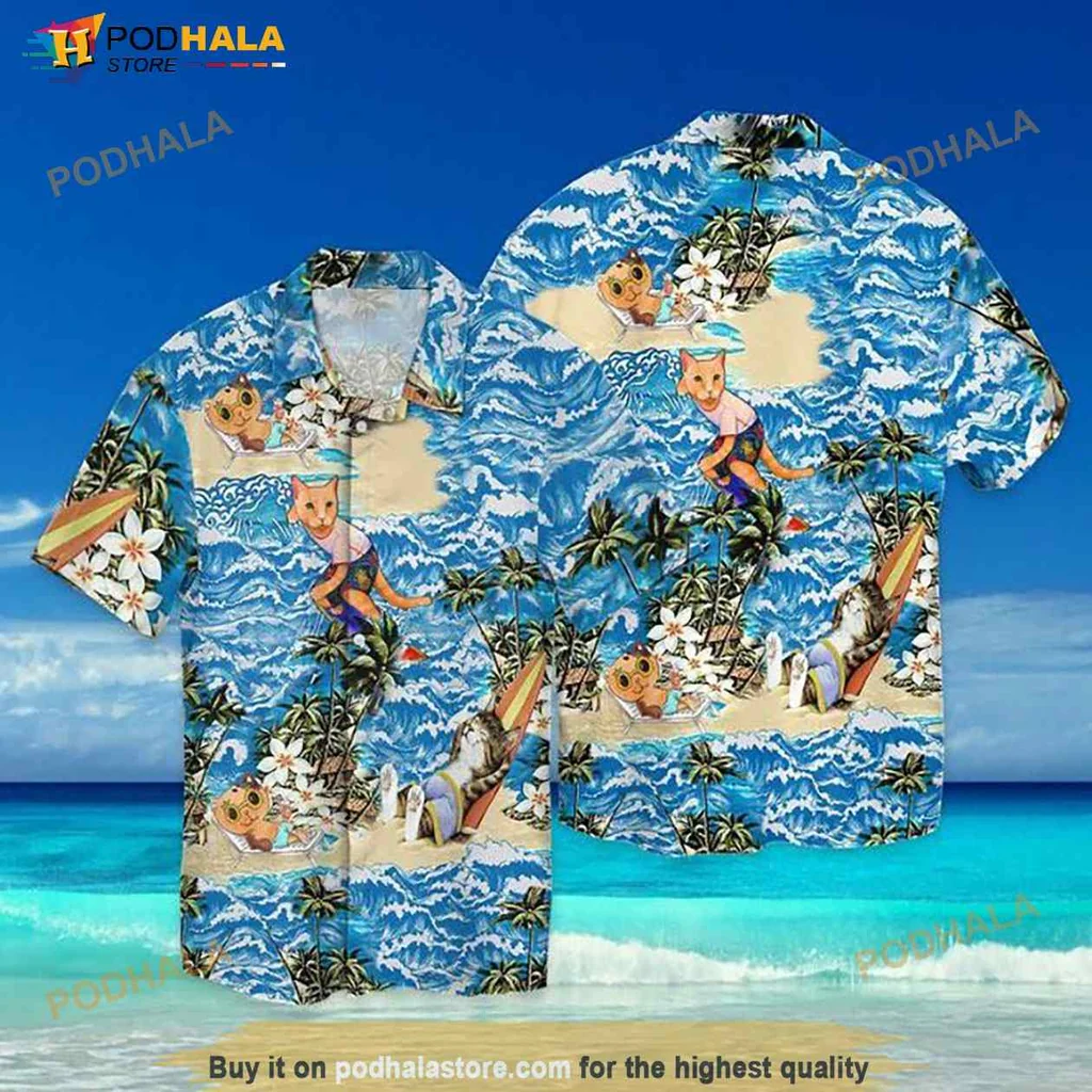 Cartoon Cat Hawaiian Shirt, Surfing Cat With Sunglasses And Straw Hat