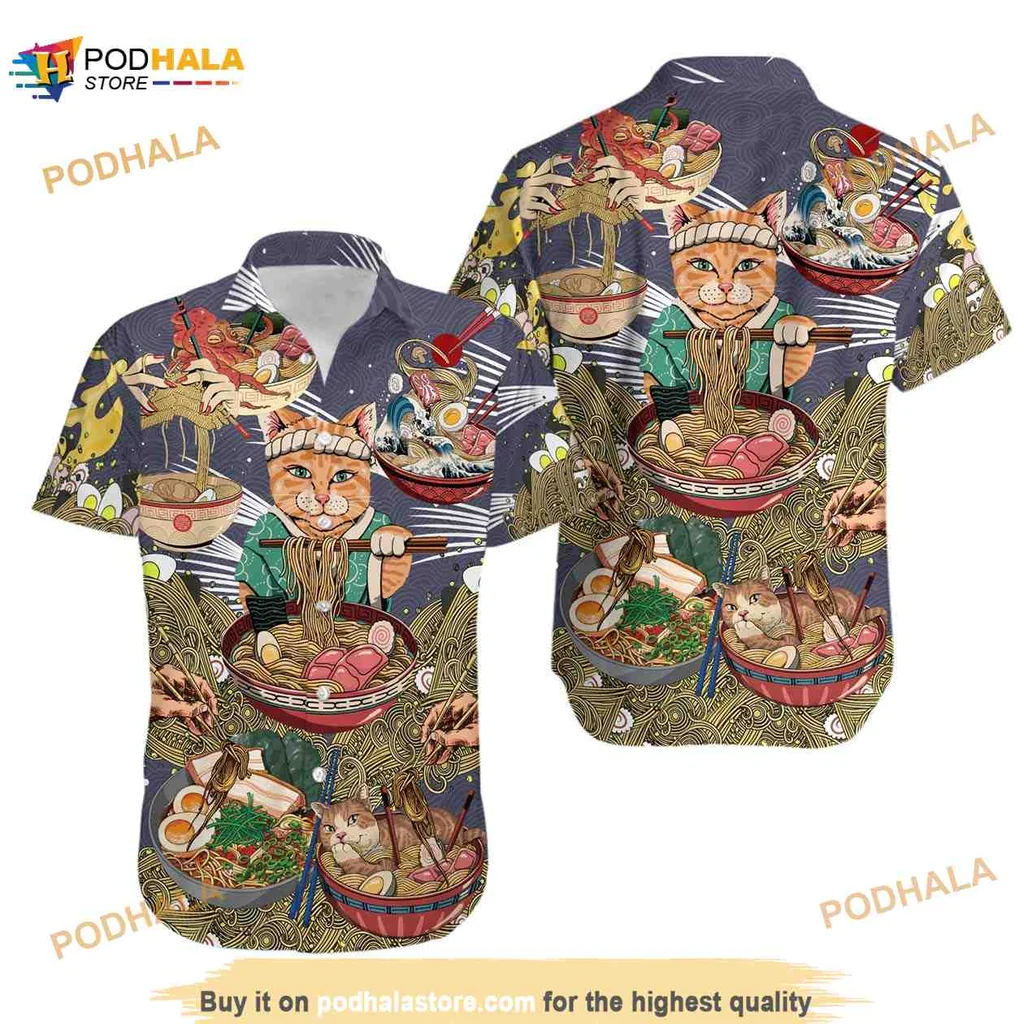 Cartoon Cat Ramen Aloha Shirt With Chef Hat And Playful Design
