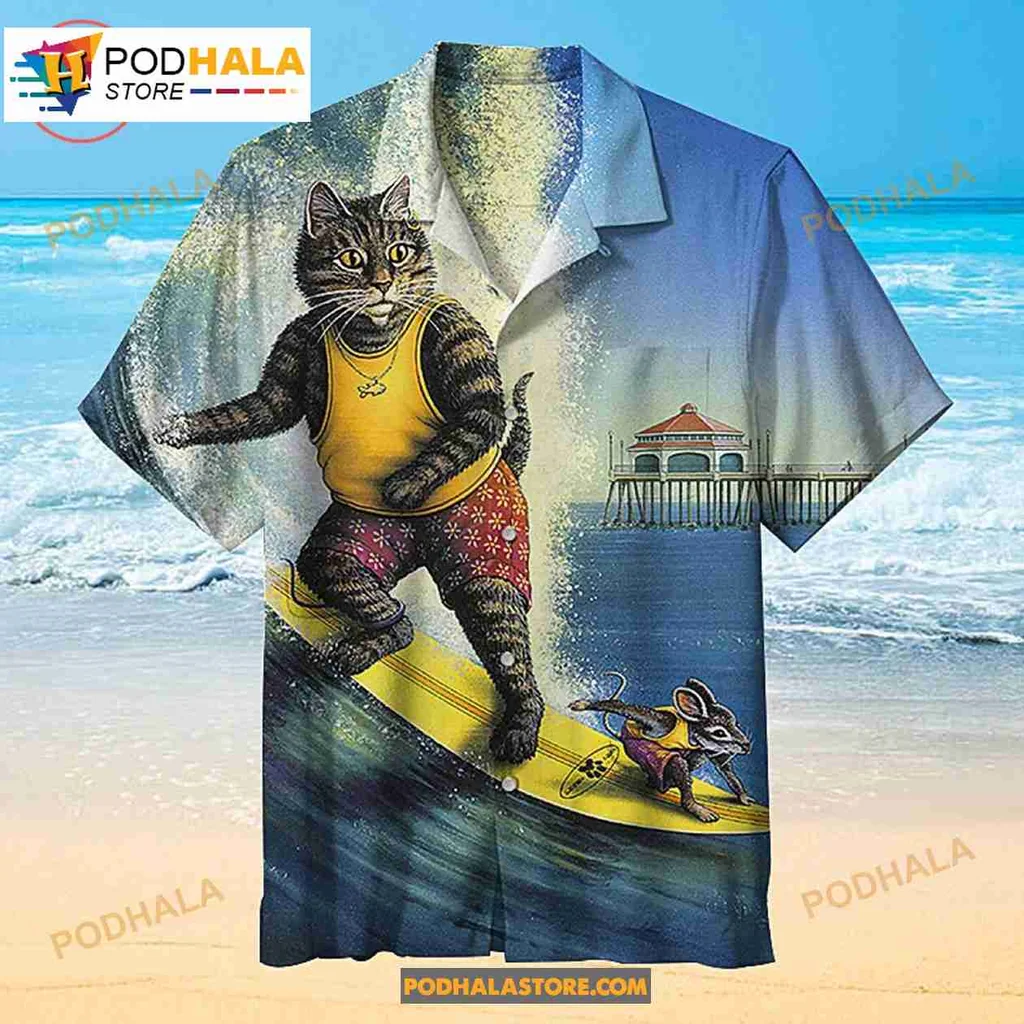 Cartoon Cat Surfing Hawaiian Shirt With Playful Mouse Design