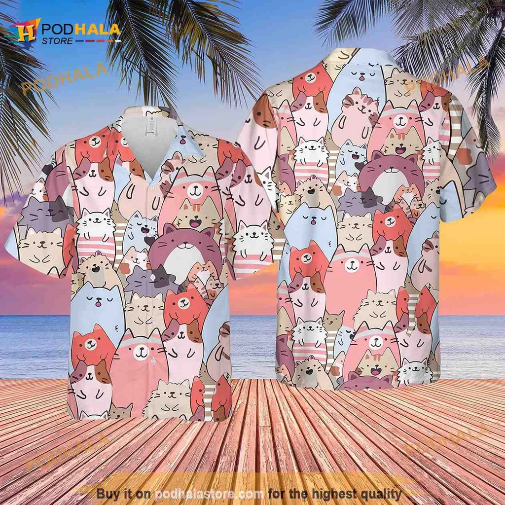 Cartoon Cat Tropical Hawaiian Shirt With Playful Design For Summer Fun