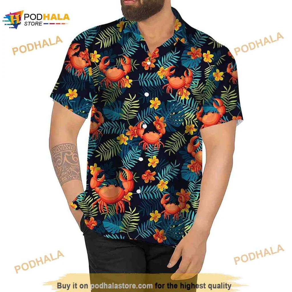 Cartoon Crab Tropical Hawaiian Shirt, Vibrant Aloha Design For Summer Fun