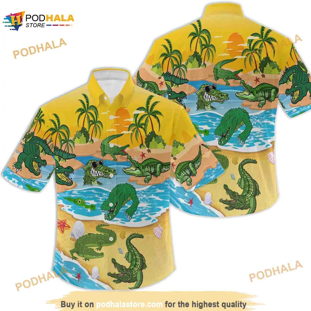 Cartoon Crocodile Beach Hawaiian Shirt With Playful Tropical Design