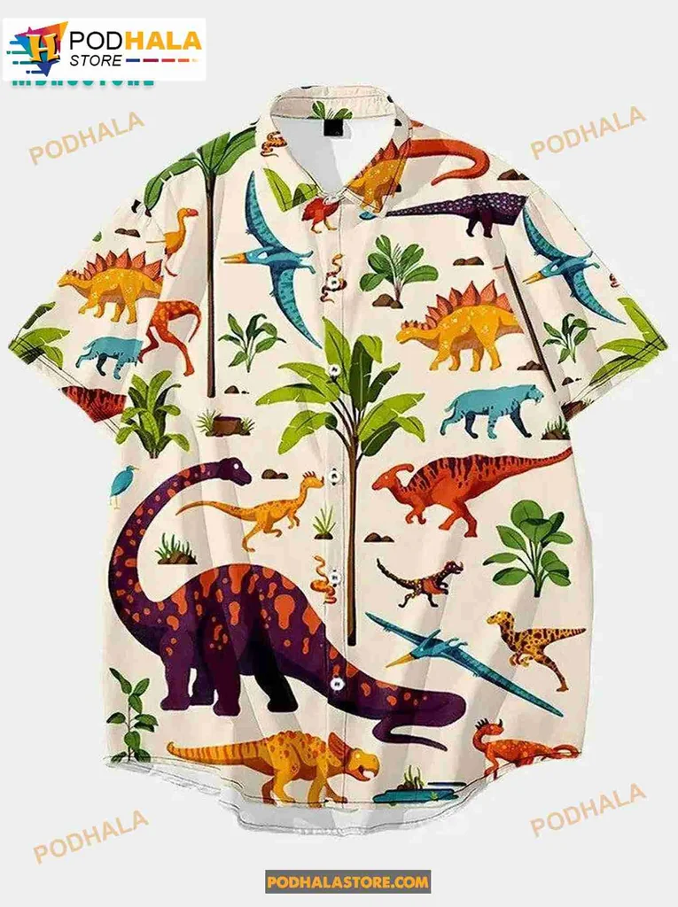 Cartoon Dinosaur Hawaiian Shirt Featuring Vibrant Tropical Design
