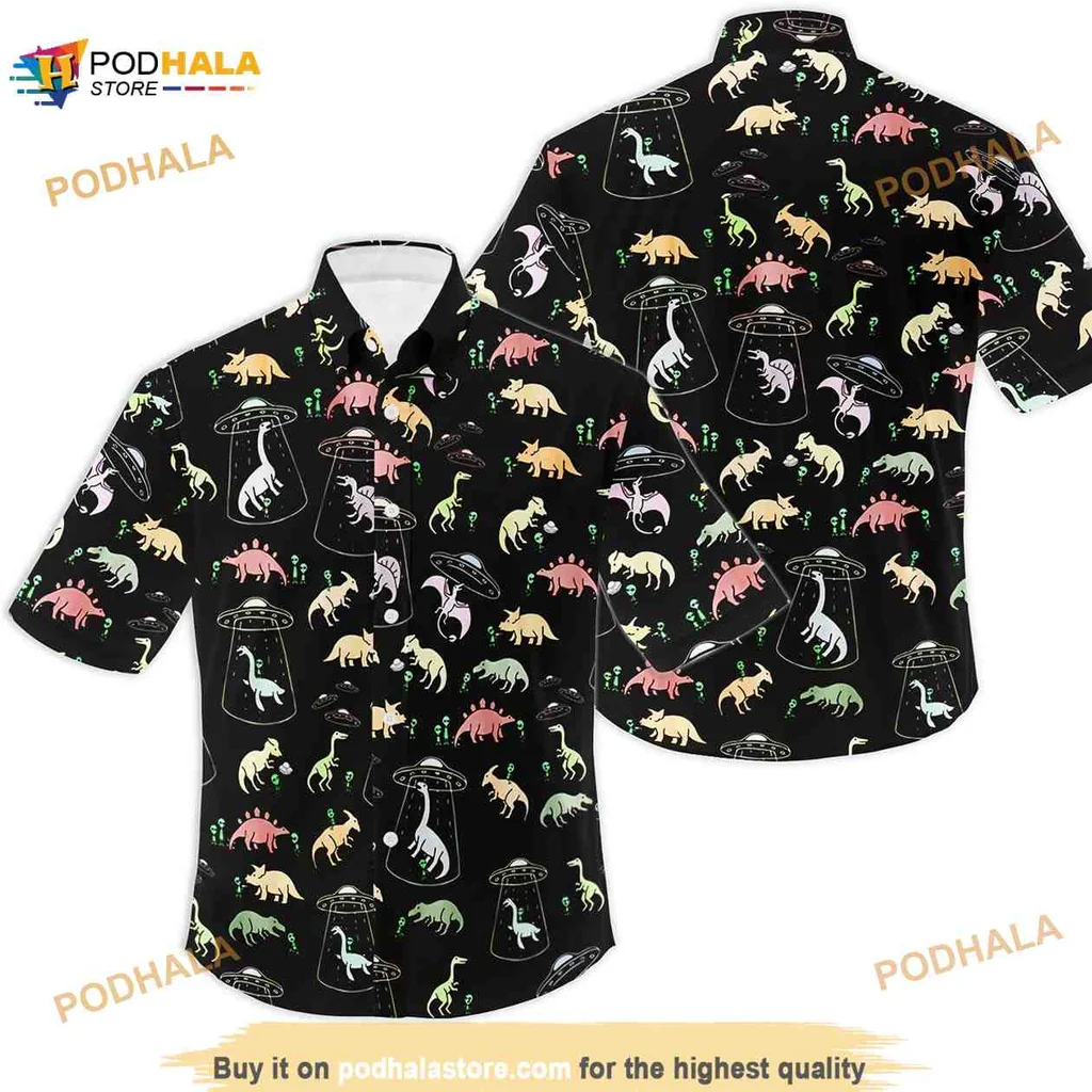 Cartoon Dinosaur Hawaiian Shirt With Tropical Palm Tree Design