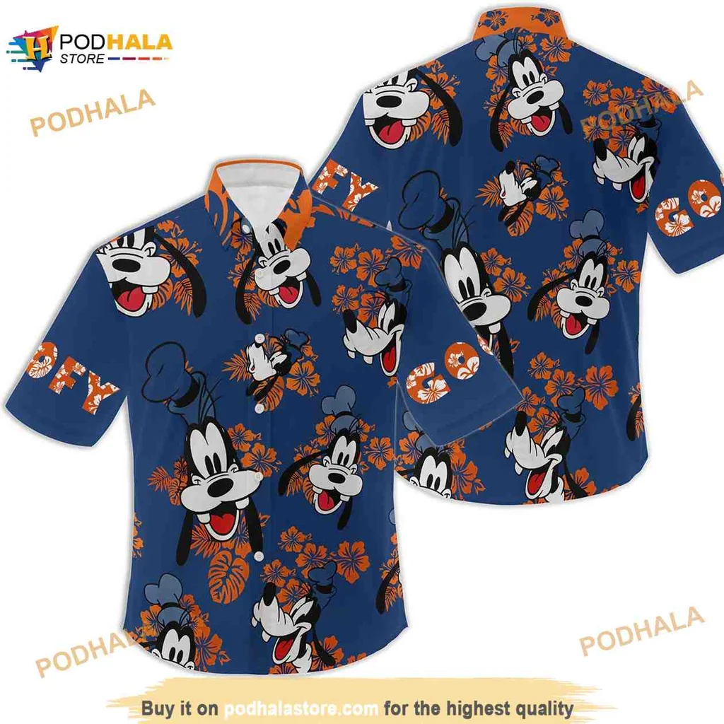 Cartoon Dog Heads Tropical Hawaiian Shirt With Blue Orange Floral Design