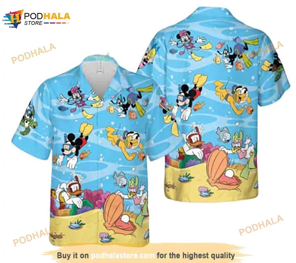 Cartoon Dog Sea Creatures Hawaiian Shirt With Vibrant Sea Blue Background