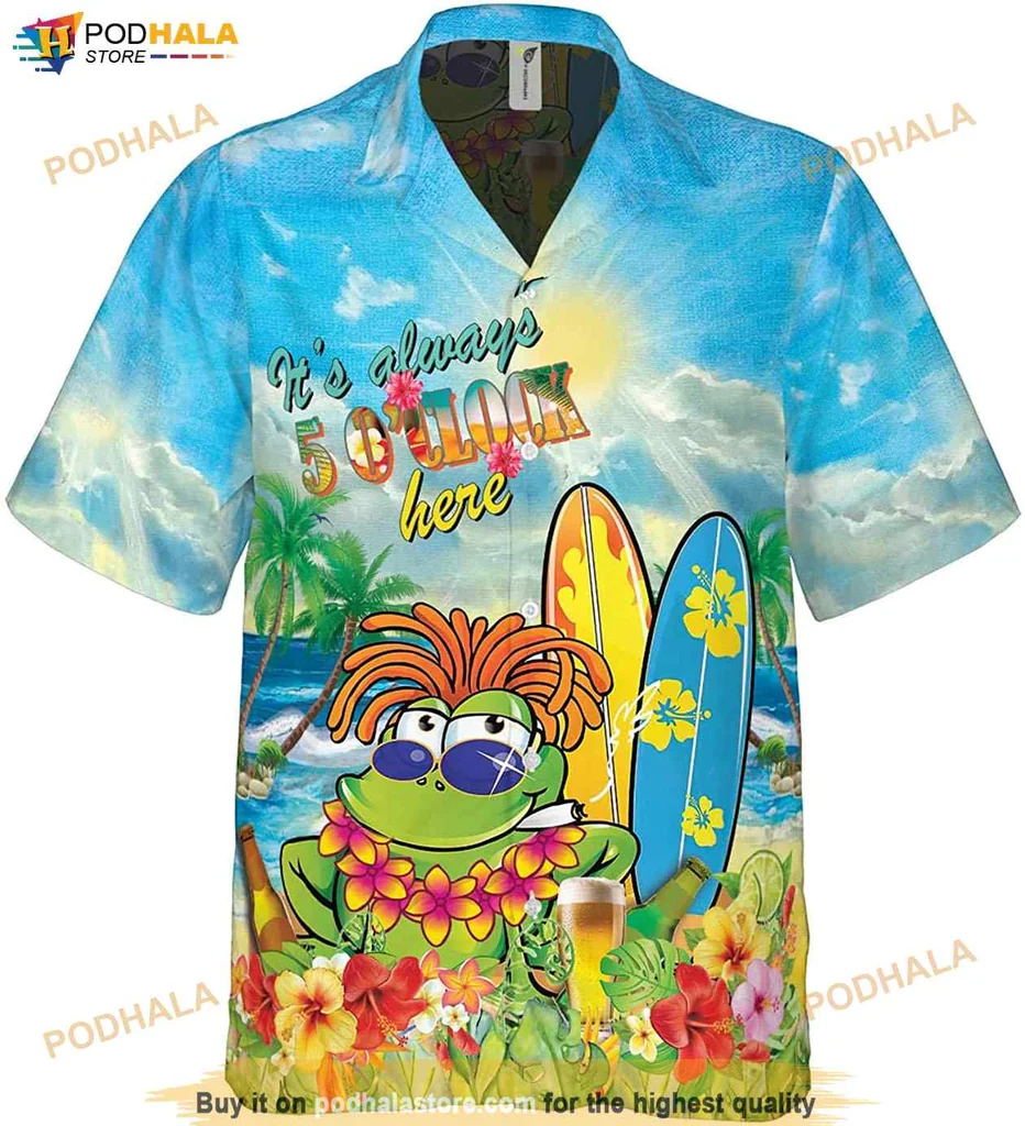 Cartoon Frog Tropical Hawaiian Shirt With Its Always 5 Oclock Here Design