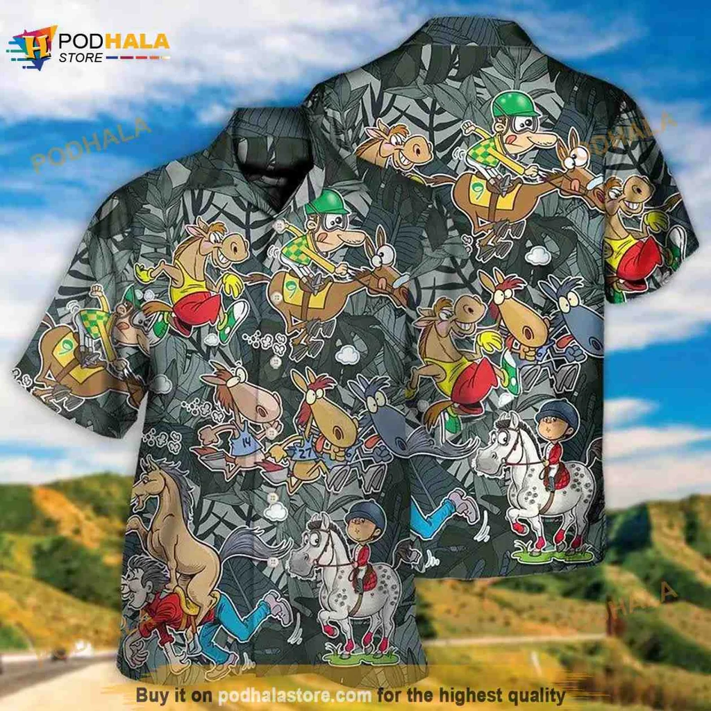 Cartoon Horse Racing Hawaiian Shirt With Colorful Jockeys And Horses