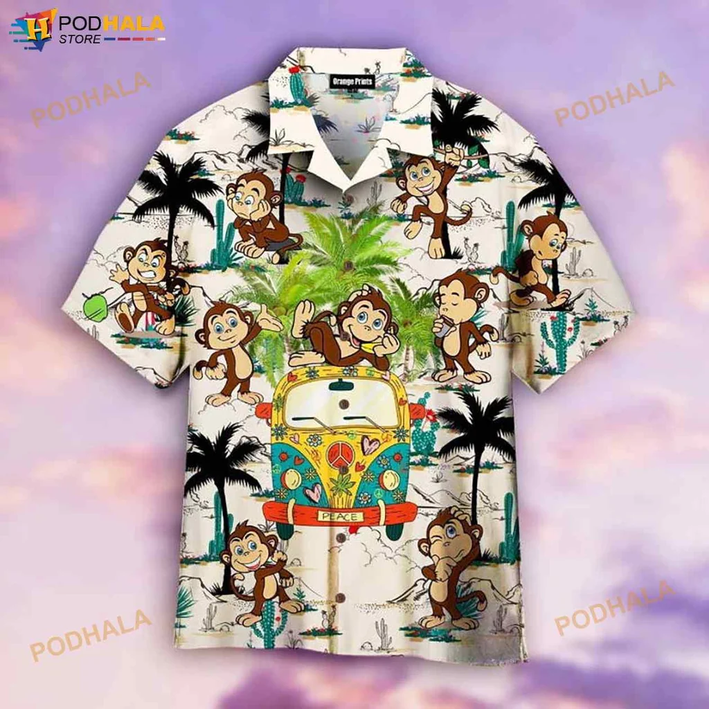 Cartoon Monkey Hippie Bus Hawaiian Shirt With Peace Symbols And Tropical Vibes