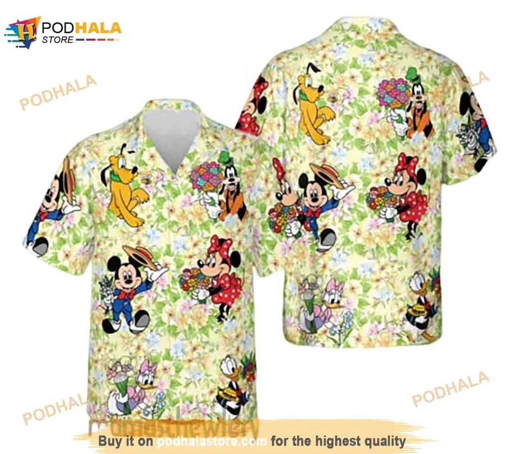 Cartoon Mouse Dog Hawaiian Shirt With Colorful Tropical Flowers
