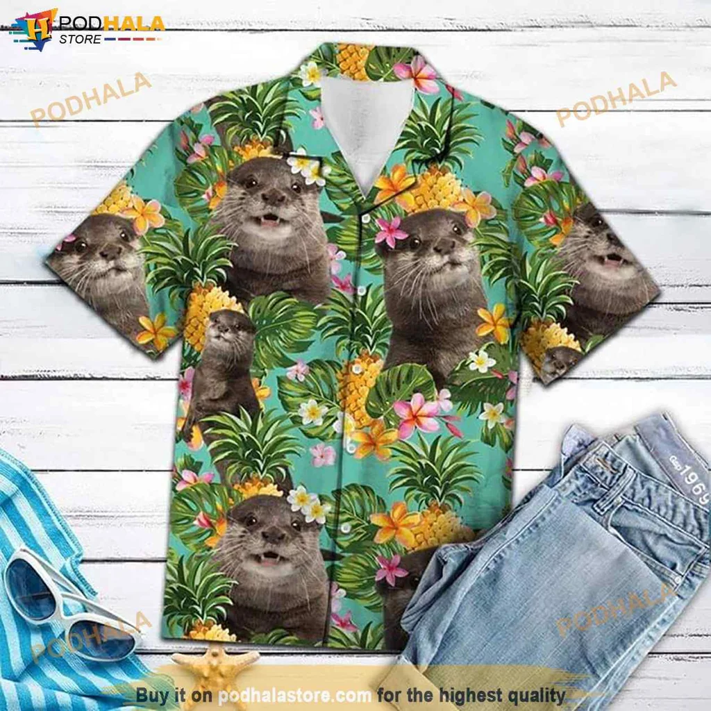 Cartoon Otter Aloha Shirt With Tropical Flowers And Playful Design